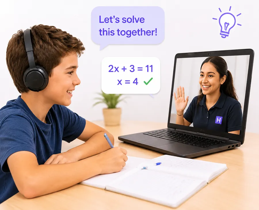A student in a live one-to-one online lesson with a Higgs mentor