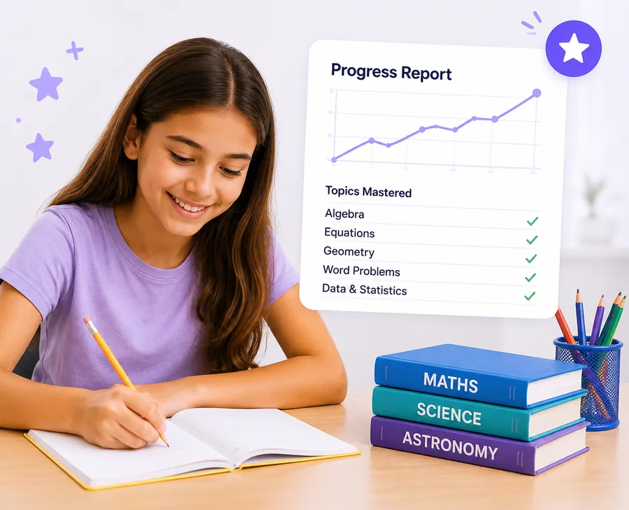 A student's progress report showing topics mastered and steady growth